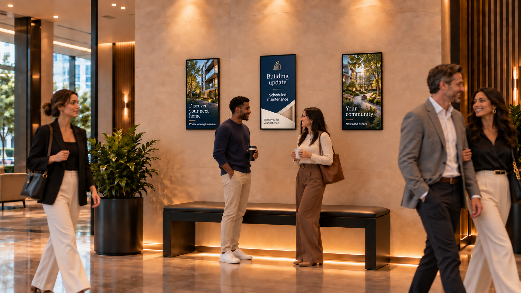 A portrait property communication screen in a modern lobby