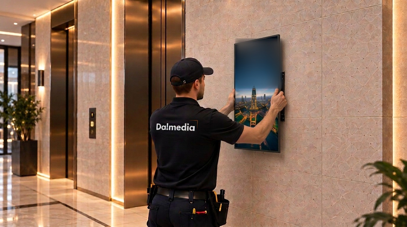 A discreet DA!media portrait screen being fitted beside an elevator