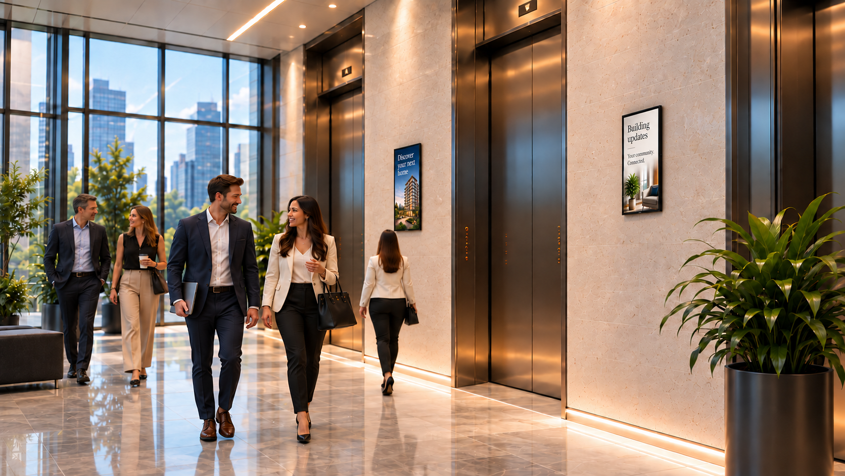 Office elevator bank with discreet portrait screens for advertising and building communication