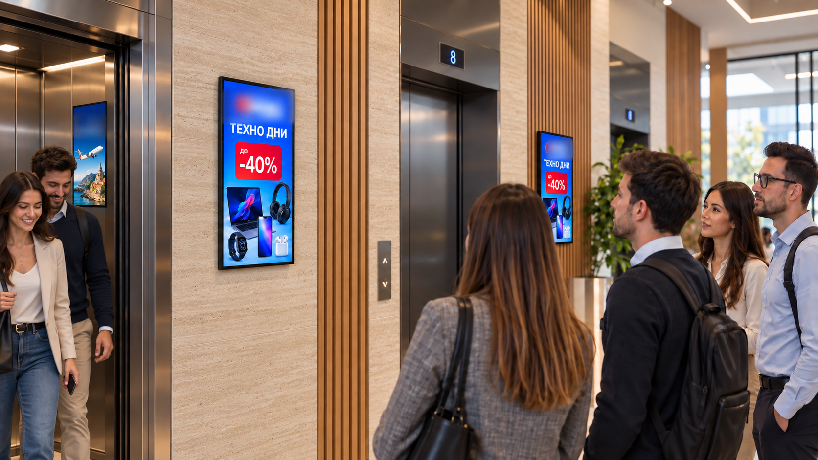 A person noticing a portrait advertising screen in a lobby