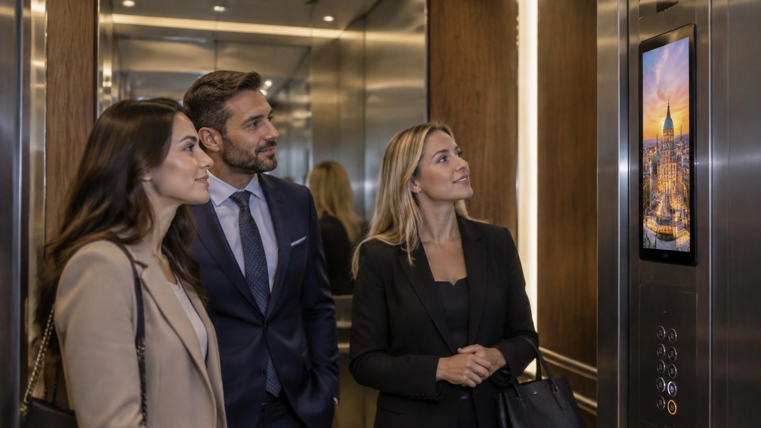 People in a modern building beside a discreet portrait information screen