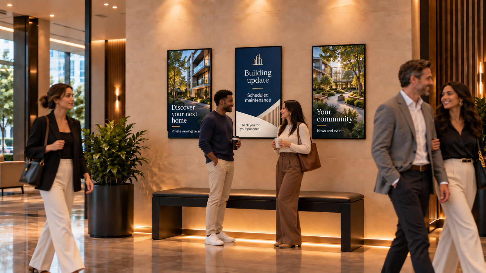 Residents and visitors moving through a lobby with property communication screens