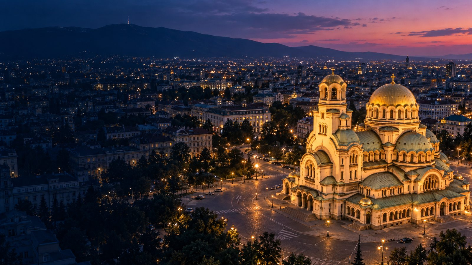 Sofia cityscape with Alexander Nevsky Cathedral and Vitosha Mountain