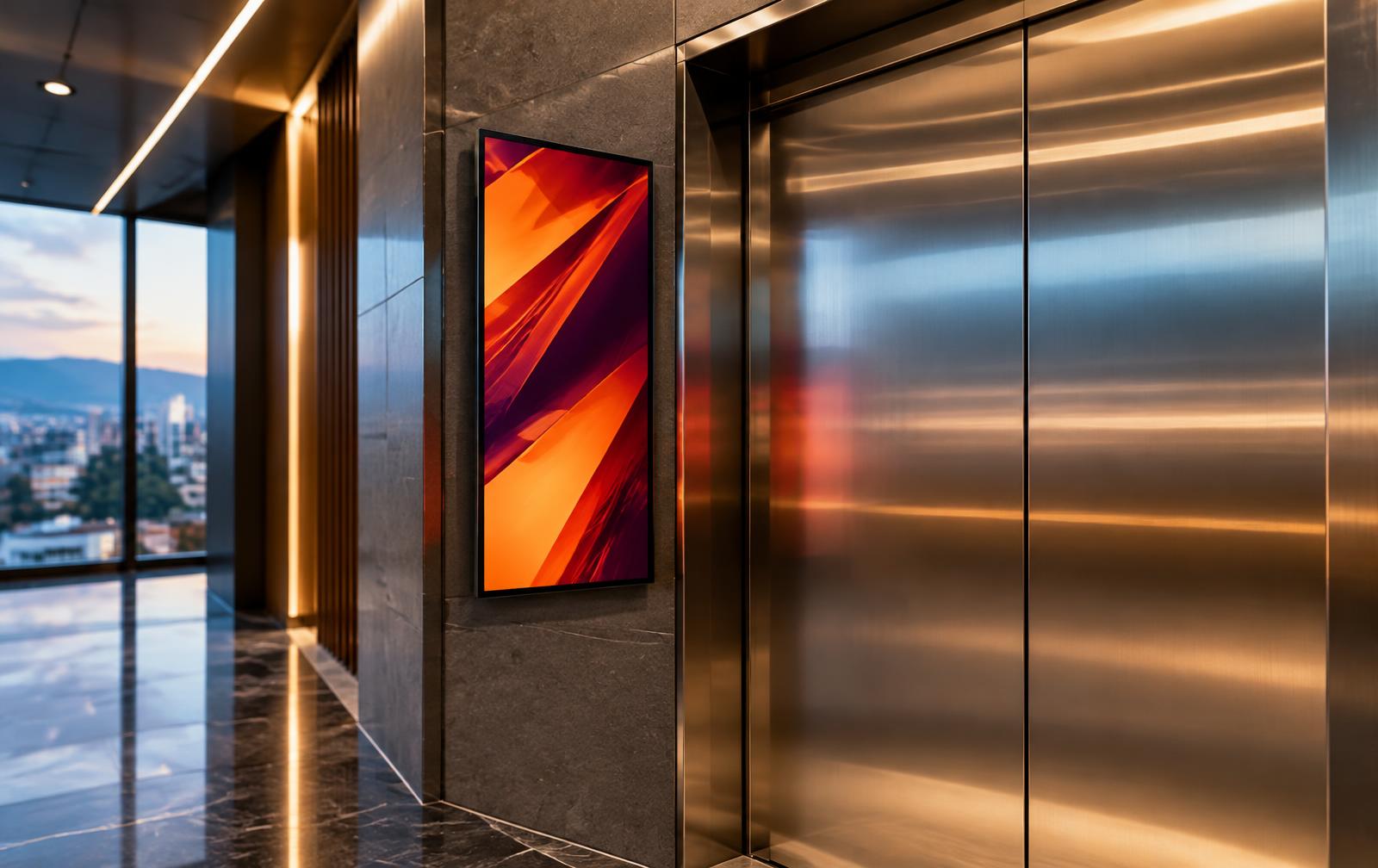 A portrait digital advertising screen beside modern elevator doors