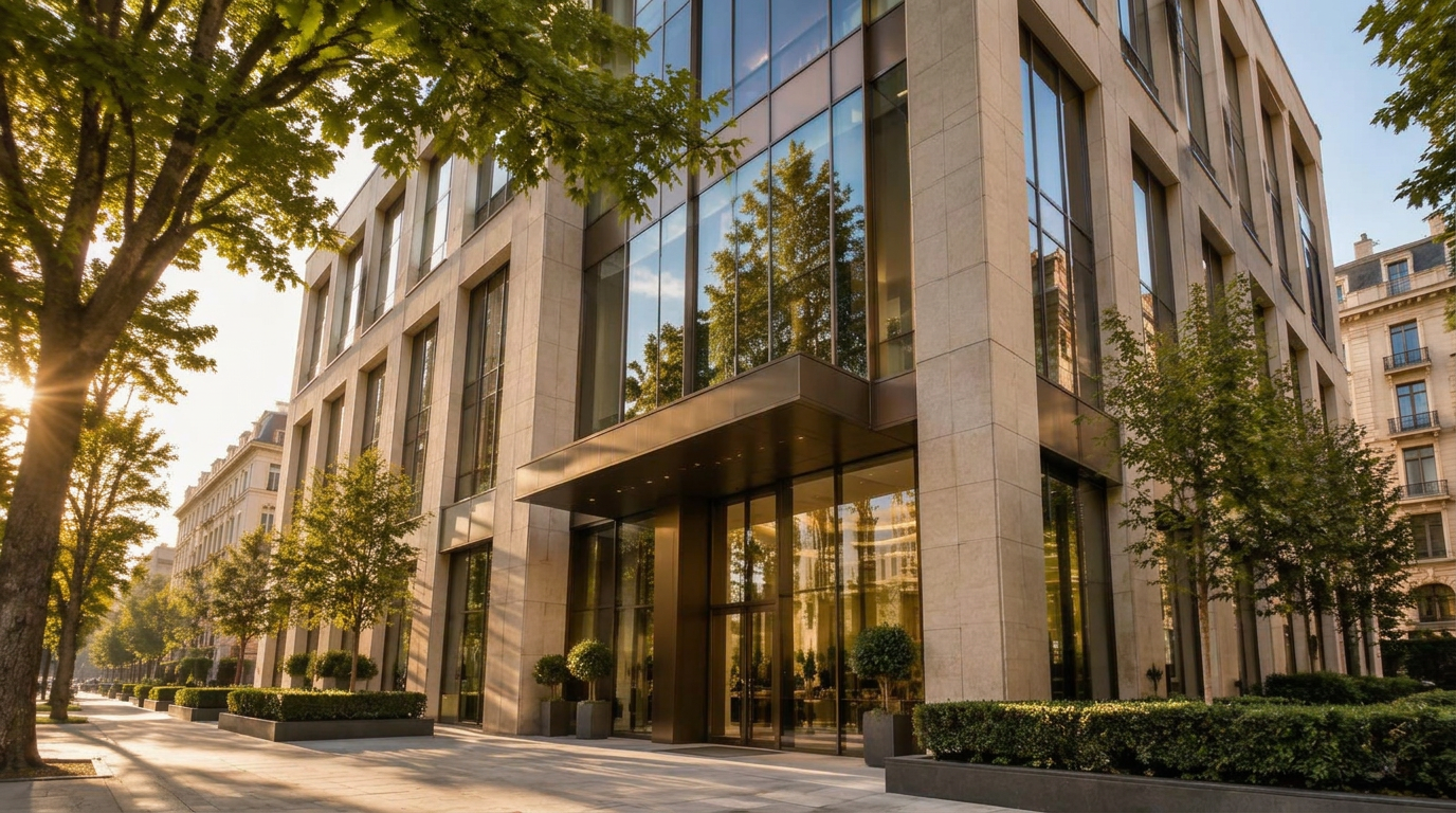 Modern glass and stone office building in Sofia with people arriving at the entrance