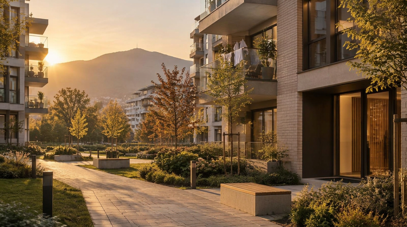Modern residential apartment compound in Sofia with landscaped courtyard and a mountain ridge in the distance